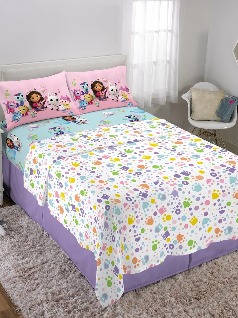 Gabby's Dollhouse Kids 4 Piece Teal Blue White Sheet Set, Full